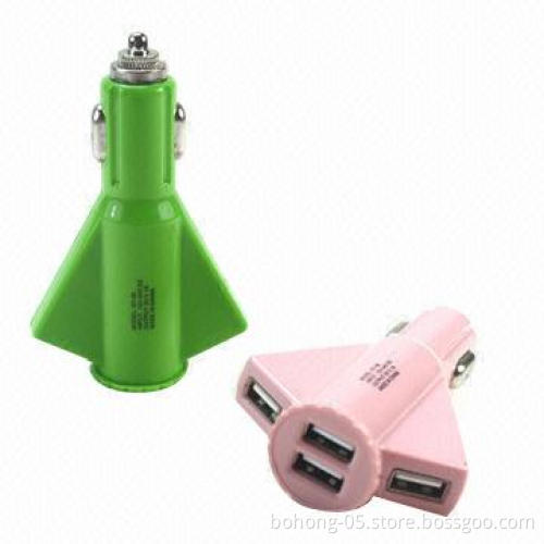 Plane design USB car charger with four connectors, MOQ is 500pcs per each color